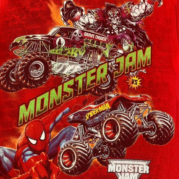 Monster Jam Grave Digger Vs Spider man red t-shirt Size 14/16 - Picture 2 of 7